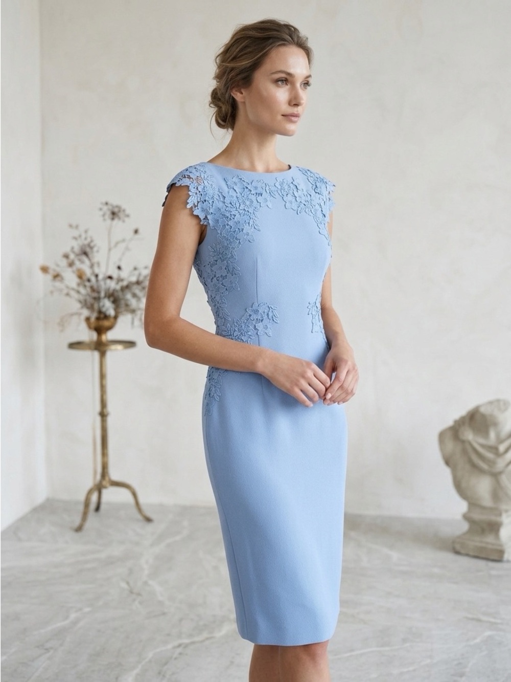 Lela Rose Cocktail Blue Wool Floral Appliqué Sheath Dress NWT Size 6